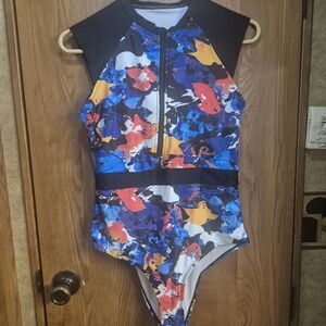 Kids Floral Zip-Front One-Piece Swimsuit - Blue/Multi.     Box 39